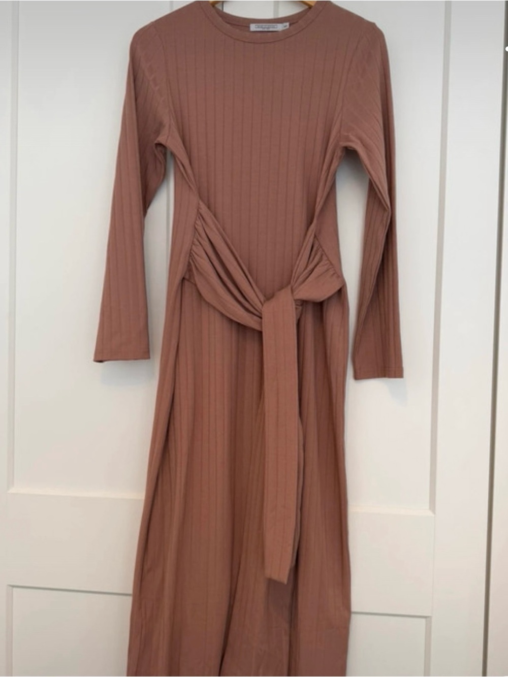 Ribbed Tie-Waist Long Sleeve Dress - Mauve